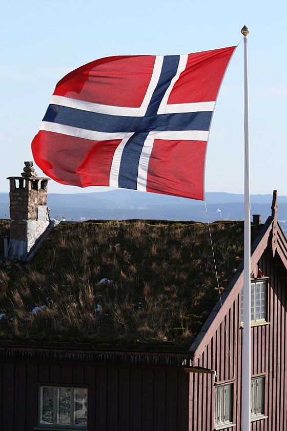 Norwegian flag flying in Oslo, Norway